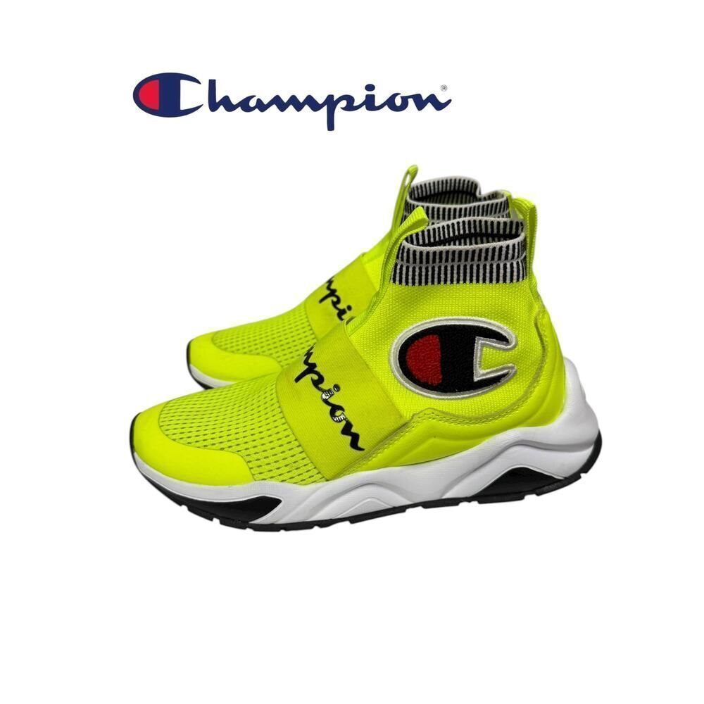 Champion Rally Pro Big C Knit Sock Top Sneakers Neon Yellow Boys Sneakers 4.5Y